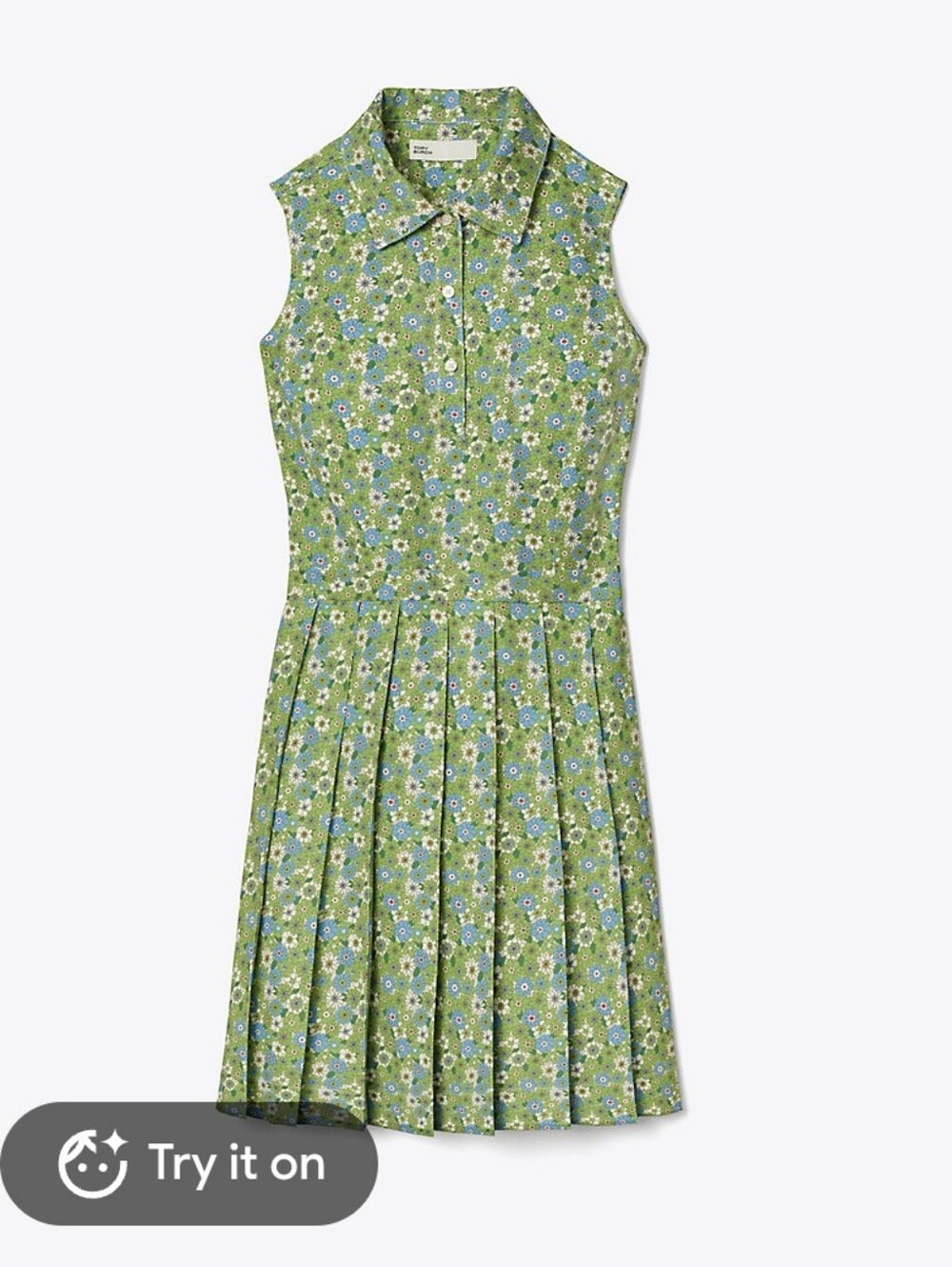 Tory Burch Green Floral Sleeveless Collared Pleated Dress